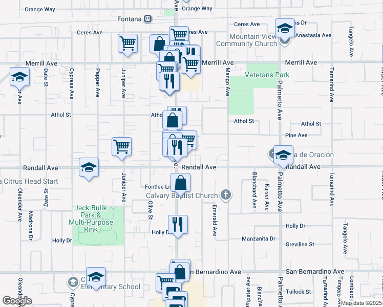map of restaurants, bars, coffee shops, grocery stores, and more near 9250 Wheeler Court in Fontana