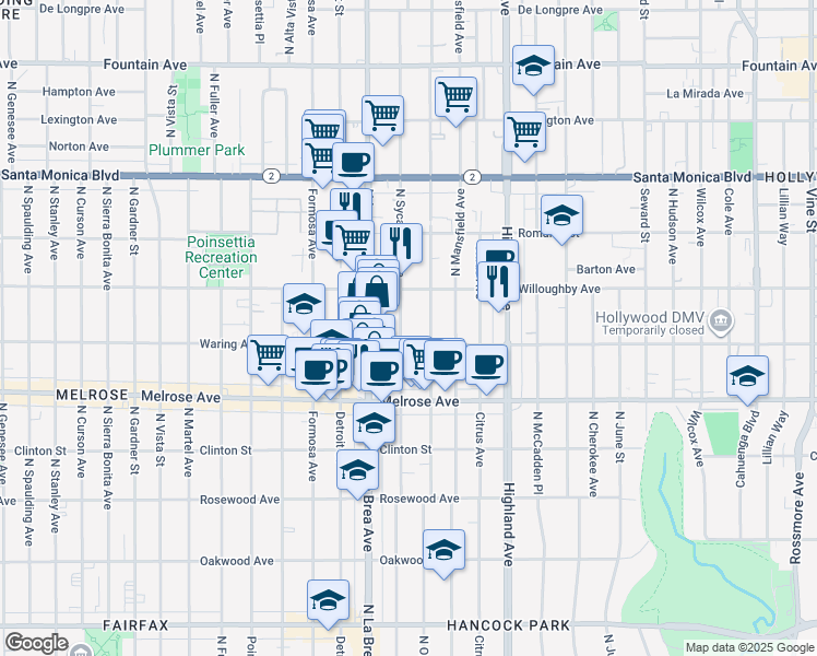 map of restaurants, bars, coffee shops, grocery stores, and more near 816 North Sycamore Avenue in Los Angeles