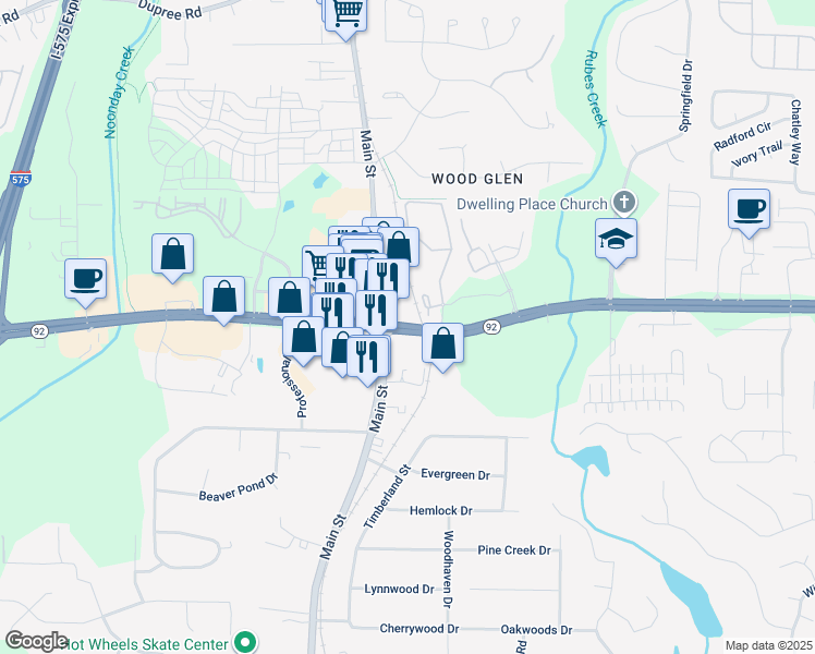 map of restaurants, bars, coffee shops, grocery stores, and more near 10205 Alabama Road Northeast in Woodstock