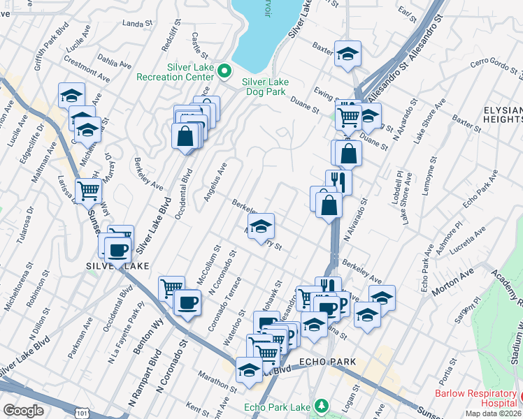 map of restaurants, bars, coffee shops, grocery stores, and more near North Coronado Street in Los Angeles