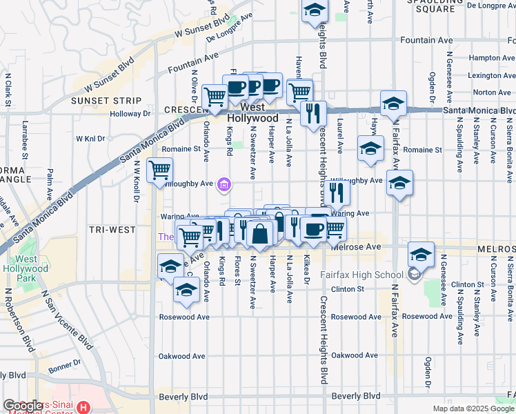 map of restaurants, bars, coffee shops, grocery stores, and more near 819 North Harper Avenue in Los Angeles