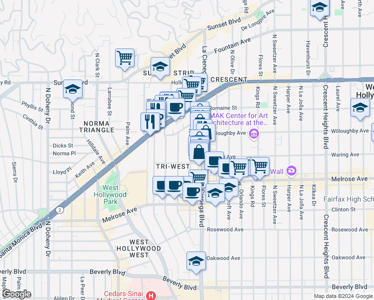 map of restaurants, bars, coffee shops, grocery stores, and more near 837 North West Knoll Drive in West Hollywood