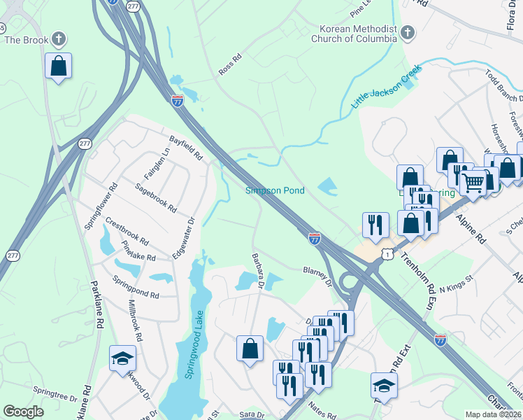map of restaurants, bars, coffee shops, grocery stores, and more near 1848 Barbara Drive in Columbia