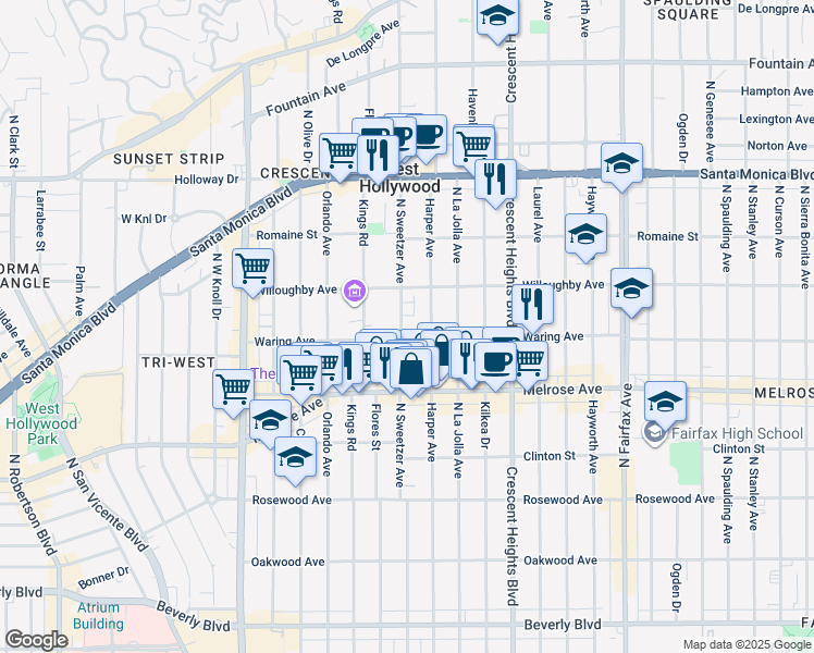 map of restaurants, bars, coffee shops, grocery stores, and more near 819 North Harper Avenue in Los Angeles