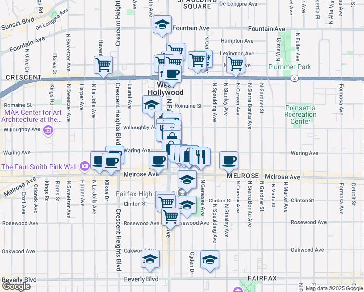 map of restaurants, bars, coffee shops, grocery stores, and more near 814 North Orange Grove Avenue in Los Angeles