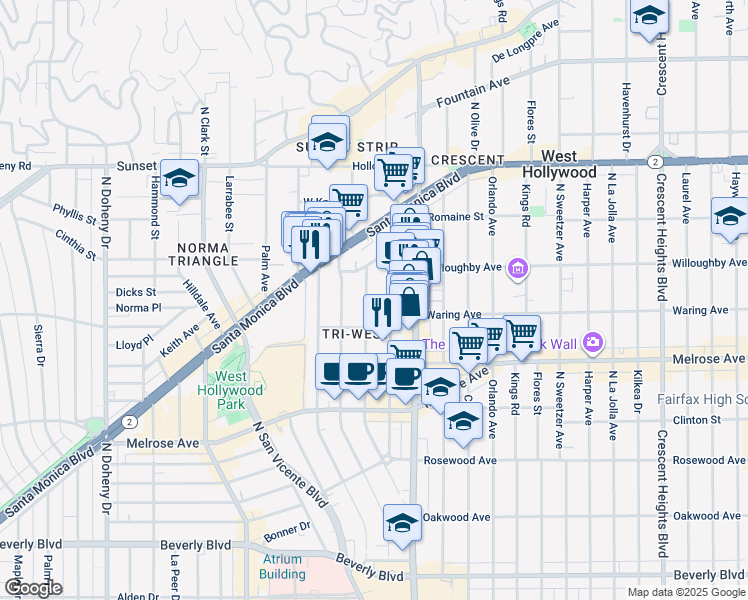map of restaurants, bars, coffee shops, grocery stores, and more near 828 Westmount Drive in West Hollywood