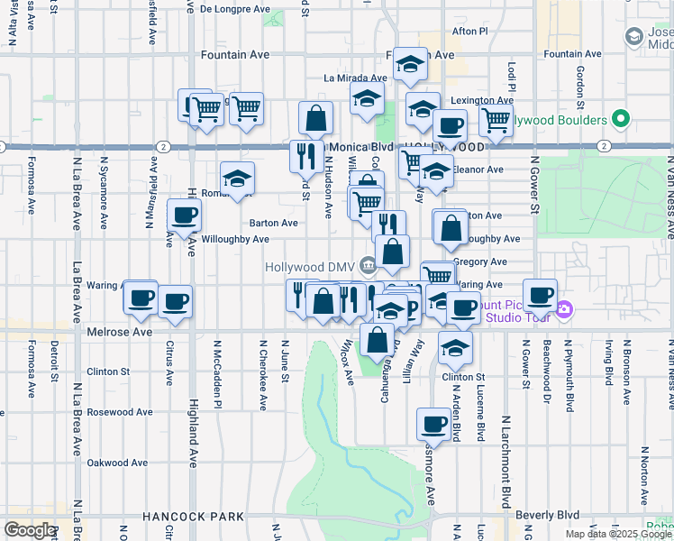 map of restaurants, bars, coffee shops, grocery stores, and more near 816 North Hudson Avenue in Los Angeles