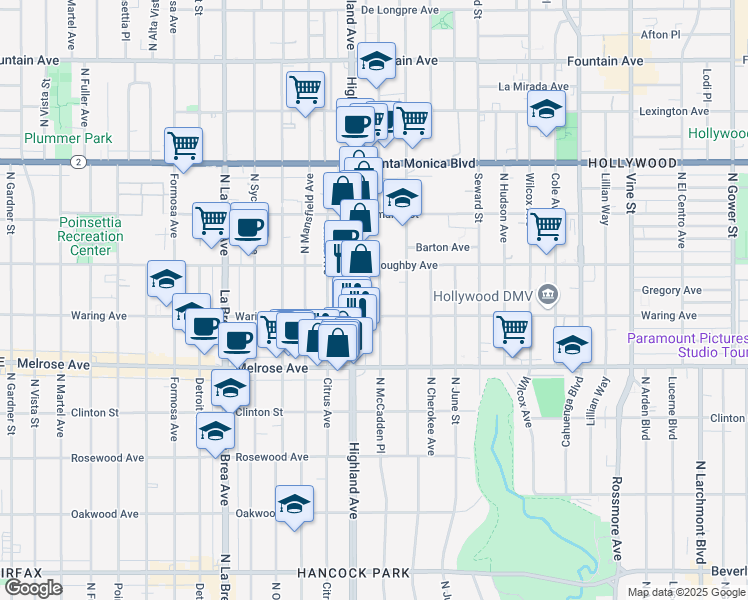 map of restaurants, bars, coffee shops, grocery stores, and more near 819 North McCadden Place in Los Angeles