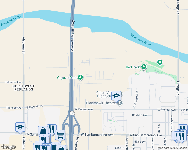 map of restaurants, bars, coffee shops, grocery stores, and more near 2053 Zest Street in Redlands