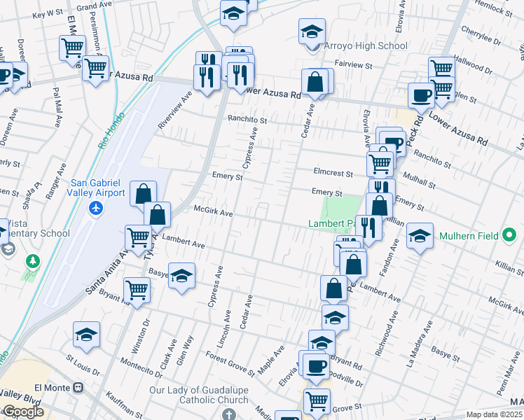 map of restaurants, bars, coffee shops, grocery stores, and more near 11189 Mc Girk Avenue in El Monte