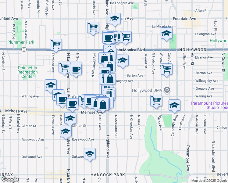 map of restaurants, bars, coffee shops, grocery stores, and more near 819 North McCadden Place in Los Angeles