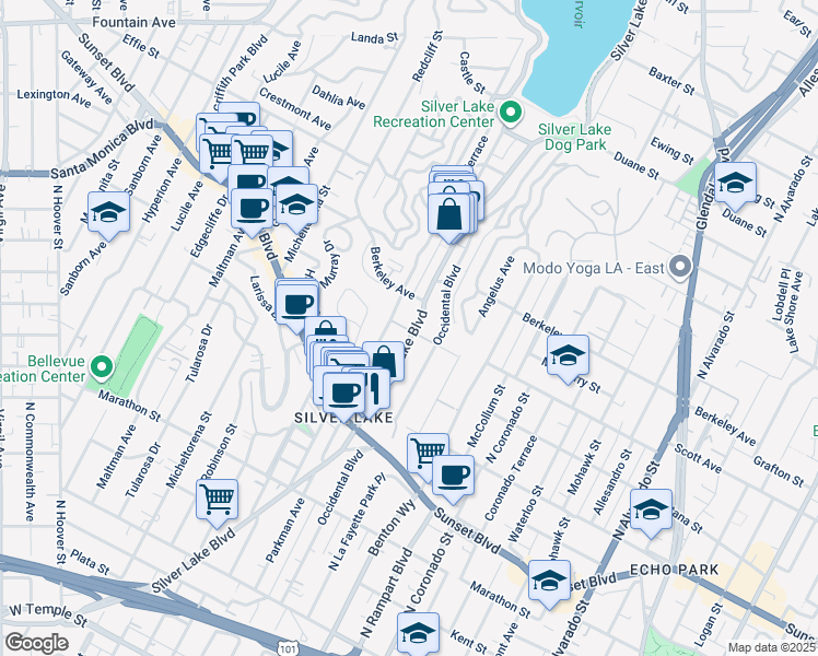 map of restaurants, bars, coffee shops, grocery stores, and more near 1461 Silver Lake Boulevard in Los Angeles
