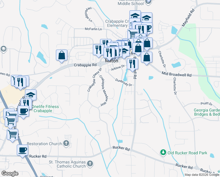 map of restaurants, bars, coffee shops, grocery stores, and more near 490 Sherman Oaks Way in Alpharetta