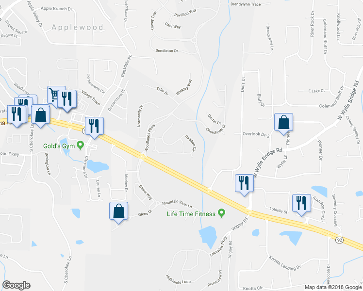 map of restaurants, bars, coffee shops, grocery stores, and more near 605 Lauder Circle in Woodstock