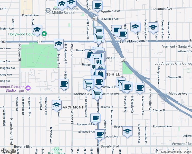 map of restaurants, bars, coffee shops, grocery stores, and more near 871 North Western Avenue in Los Angeles