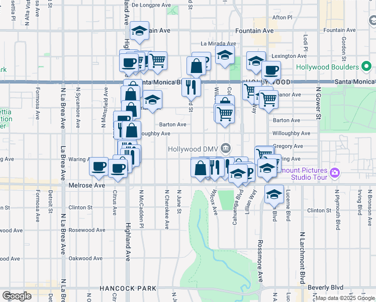 map of restaurants, bars, coffee shops, grocery stores, and more near 817 Seward Street in Los Angeles