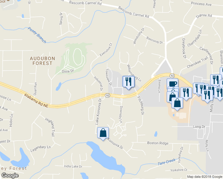 map of restaurants, bars, coffee shops, grocery stores, and more near 111 Townview Drive in Woodstock