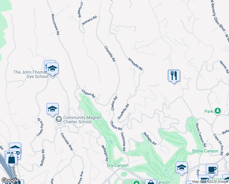 map of restaurants, bars, coffee shops, grocery stores, and more near 10901 Chalon Road in Los Angeles