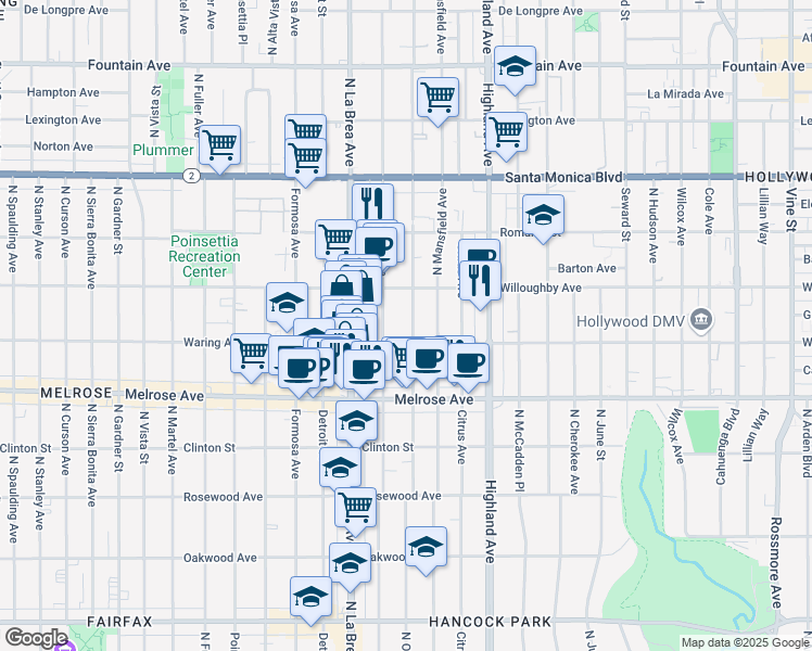 map of restaurants, bars, coffee shops, grocery stores, and more near 817 North Orange Drive in Los Angeles