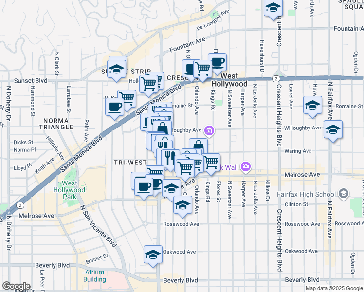 map of restaurants, bars, coffee shops, grocery stores, and more near 822 North Croft Avenue in Los Angeles