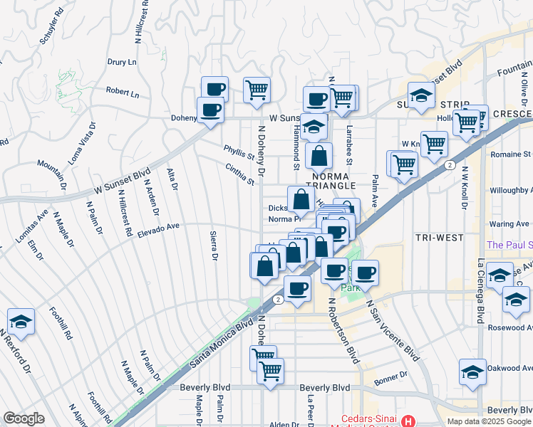 map of restaurants, bars, coffee shops, grocery stores, and more near 838 North Doheny Drive in West Hollywood