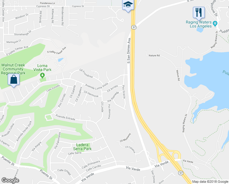 map of restaurants, bars, coffee shops, grocery stores, and more near 833 Vía Alameda in San Dimas