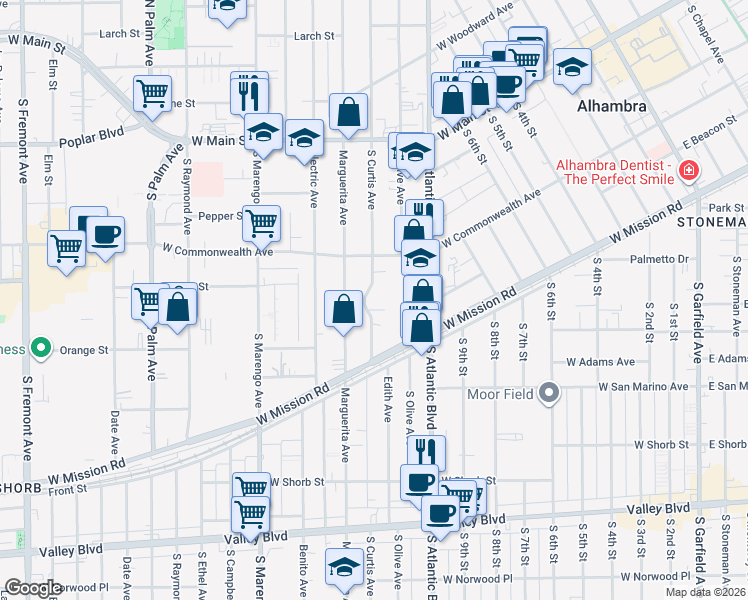 map of restaurants, bars, coffee shops, grocery stores, and more near 406 South Curtis Avenue in Alhambra