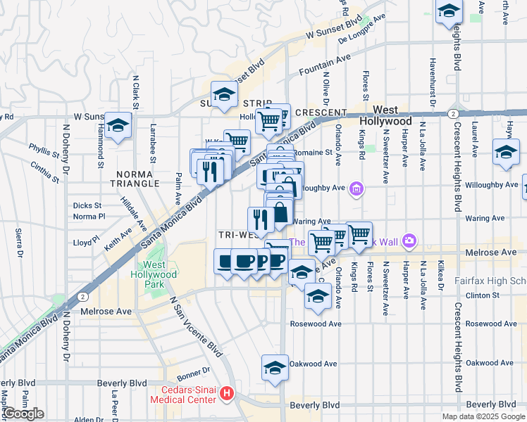 map of restaurants, bars, coffee shops, grocery stores, and more near 837 North West Knoll Drive in West Hollywood