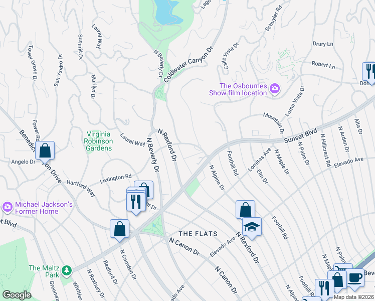 map of restaurants, bars, coffee shops, grocery stores, and more near 1008 Lexington Road in Beverly Hills