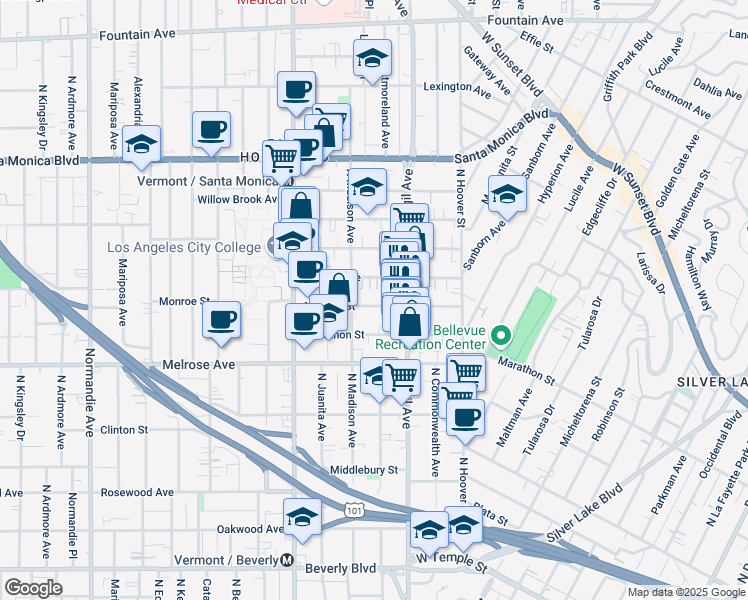 map of restaurants, bars, coffee shops, grocery stores, and more near 4137 Monroe Street in Los Angeles