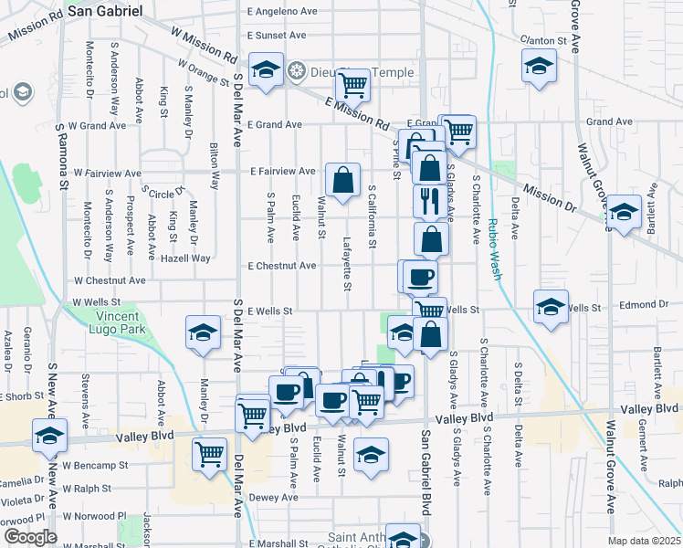 map of restaurants, bars, coffee shops, grocery stores, and more near 1207 Lafayette Street in San Gabriel