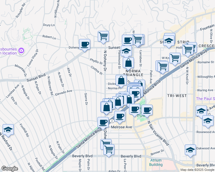 map of restaurants, bars, coffee shops, grocery stores, and more near 838 North Doheny Drive in West Hollywood