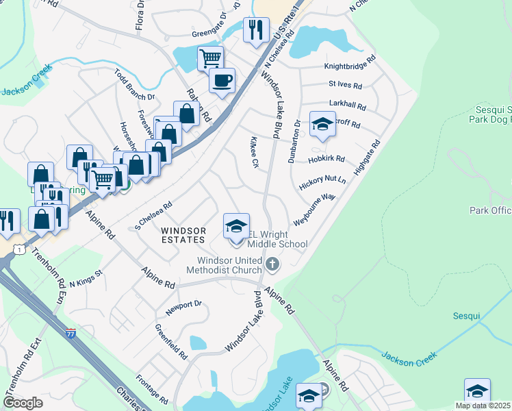 map of restaurants, bars, coffee shops, grocery stores, and more near 9653 Windsor Lake Boulevard in Columbia