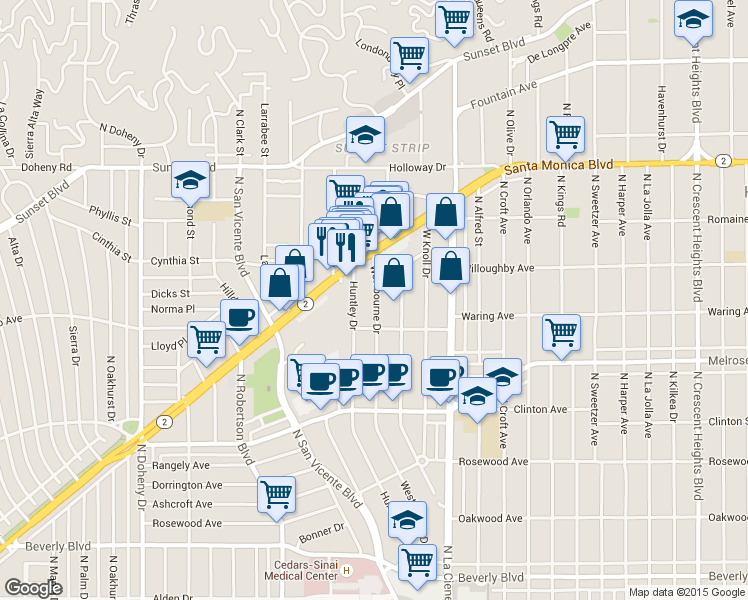 map of restaurants, bars, coffee shops, grocery stores, and more near 831 Westbourne Drive in West Hollywood