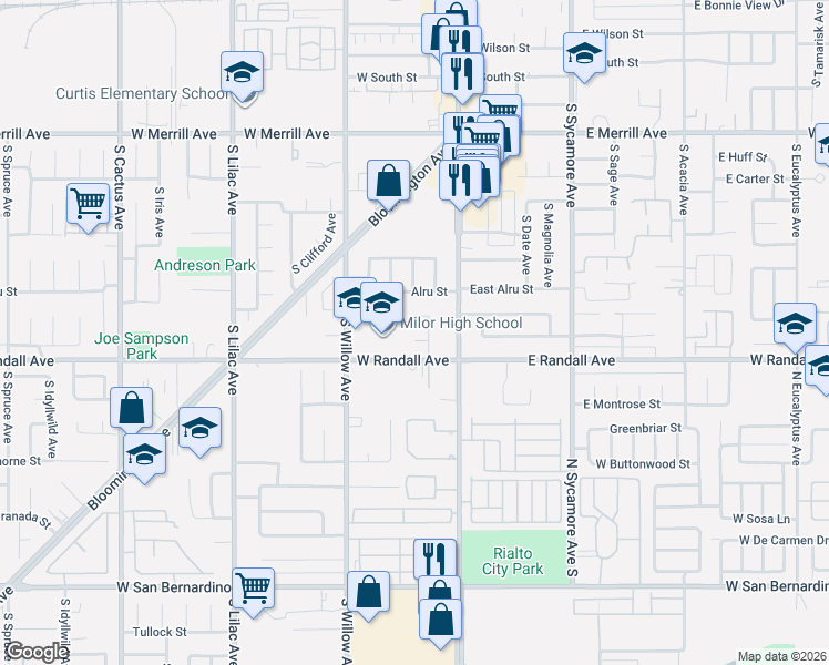 map of restaurants, bars, coffee shops, grocery stores, and more near 166 West Fromer Street in Rialto