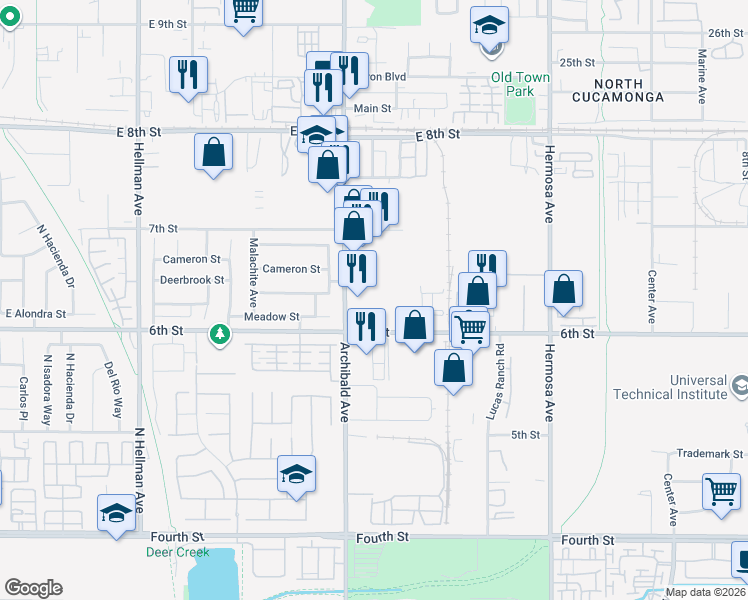 map of restaurants, bars, coffee shops, grocery stores, and more near 9265 Archibald Avenue in Rancho Cucamonga