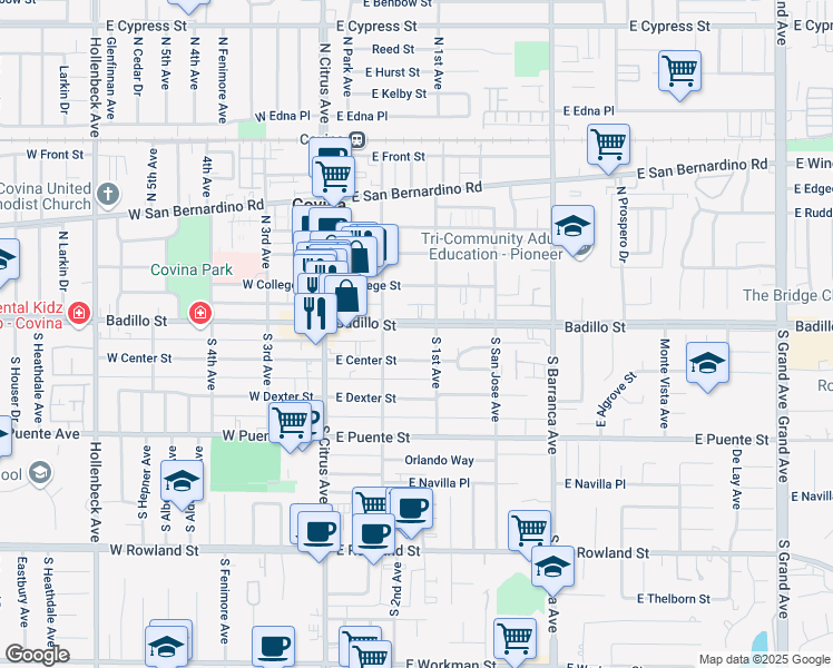 map of restaurants, bars, coffee shops, grocery stores, and more near 250 East Badillo Street in Covina