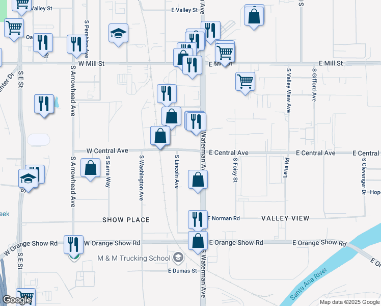 map of restaurants, bars, coffee shops, grocery stores, and more near 24053 East Central Avenue in San Bernardino