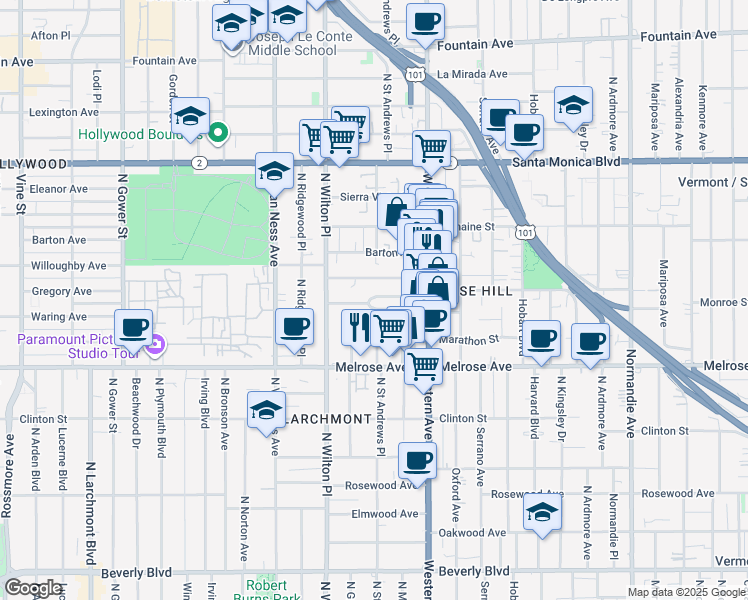 map of restaurants, bars, coffee shops, grocery stores, and more near 5352 Monroe Street in Los Angeles