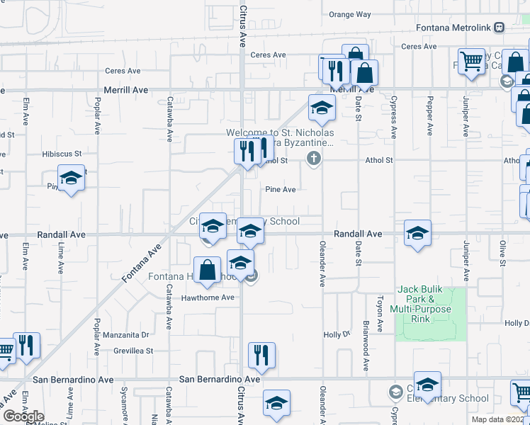 map of restaurants, bars, coffee shops, grocery stores, and more near 16164 Dianthus Avenue in Fontana
