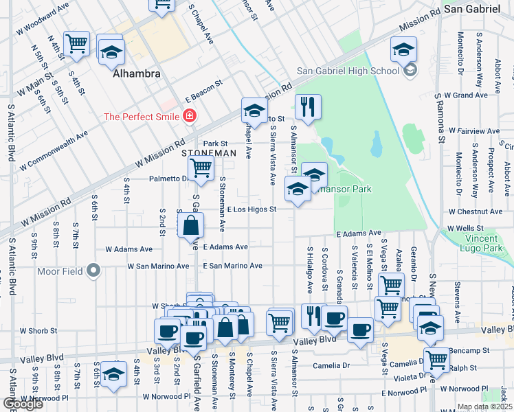 map of restaurants, bars, coffee shops, grocery stores, and more near 307 East Los Higos Street in Alhambra