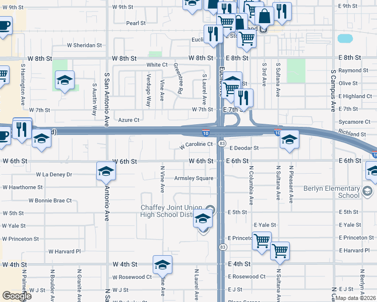 map of restaurants, bars, coffee shops, grocery stores, and more near 303 West Caroline Court in Ontario