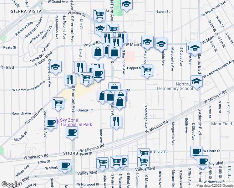 map of restaurants, bars, coffee shops, grocery stores, and more near 410 South Palm Avenue in Alhambra