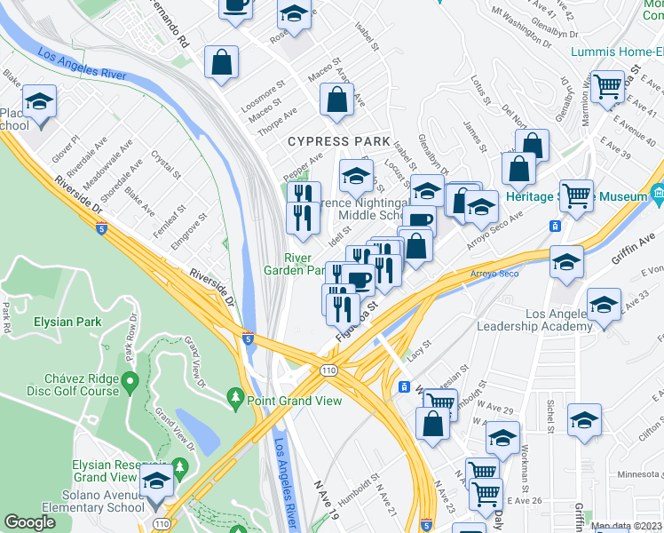 map of restaurants, bars, coffee shops, grocery stores, and more near 2617 Jeffries Avenue in Los Angeles