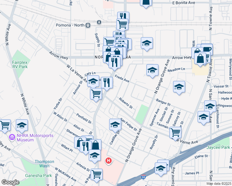 map of restaurants, bars, coffee shops, grocery stores, and more near 2135 Las Vegas Avenue in Pomona