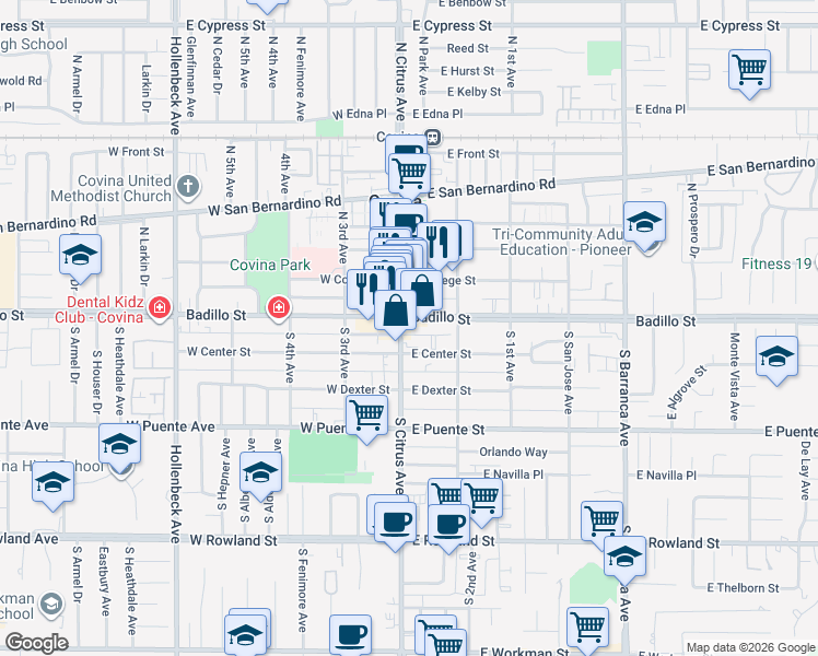 map of restaurants, bars, coffee shops, grocery stores, and more near 100 South Citrus Avenue in Covina