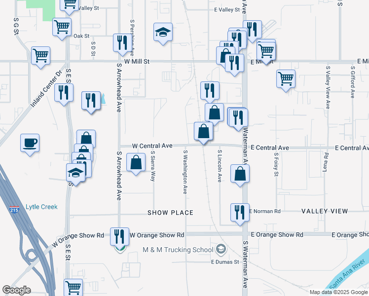 map of restaurants, bars, coffee shops, grocery stores, and more near 120 East Central Avenue in San Bernardino