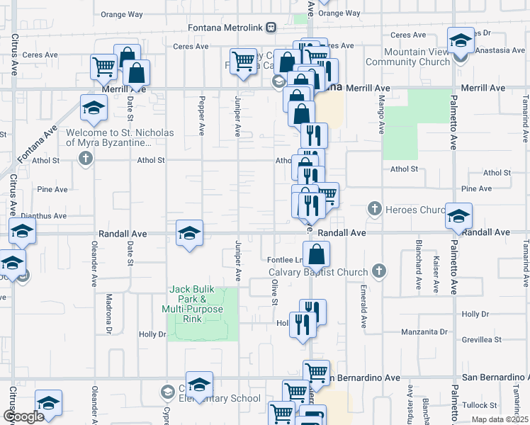 map of restaurants, bars, coffee shops, grocery stores, and more near 9248 Olive Street in Fontana
