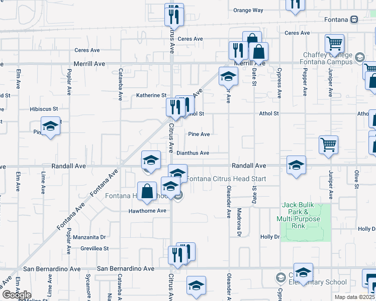 map of restaurants, bars, coffee shops, grocery stores, and more near 9232 Elwood Avenue in Fontana