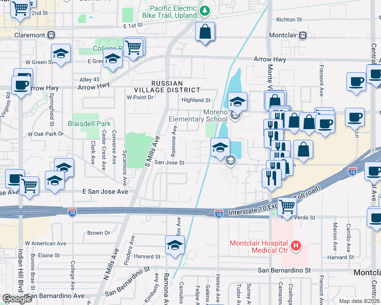 map of restaurants, bars, coffee shops, grocery stores, and more near 9253 Camulos Avenue in Montclair